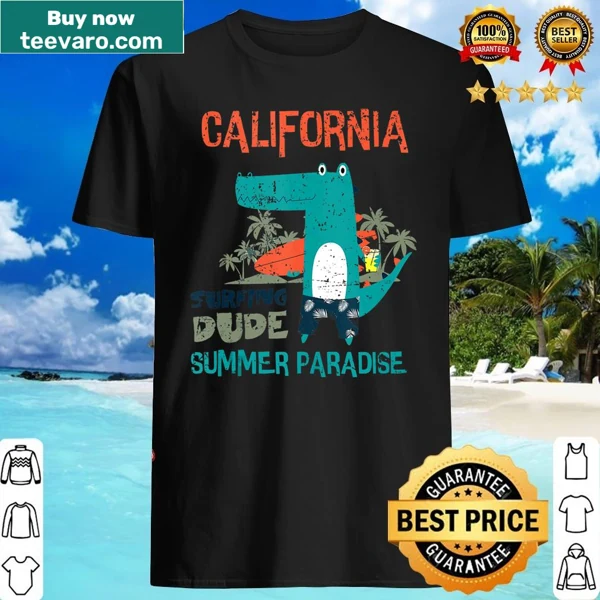 Retro crocodile summer tank top with surfing graphic.