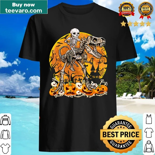 Cartoon skeleton riding a T-rex in a Halloween T-shirt