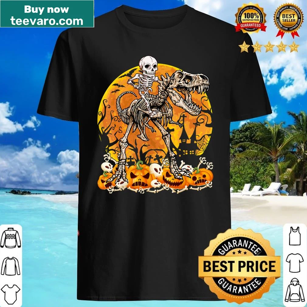 Cartoon skeleton riding a T-rex in a Halloween T-shirt