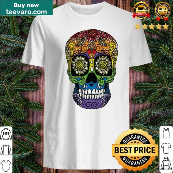 Humorous sugar skull shirt featuring LGBT pride flag elements.