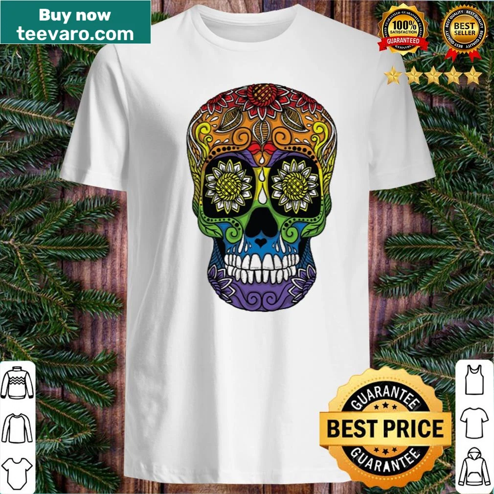 Humorous sugar skull shirt featuring LGBT pride flag elements.