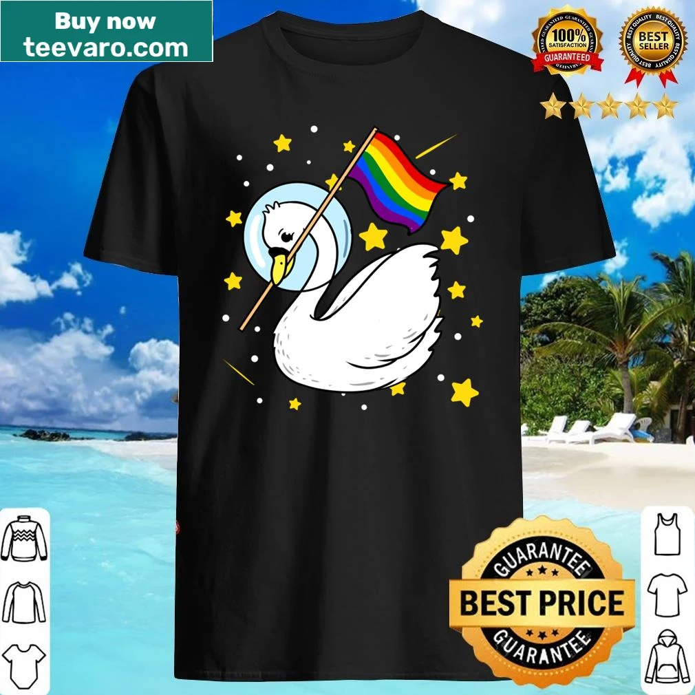 Gay pride shirt with an illustration of a swan in space.