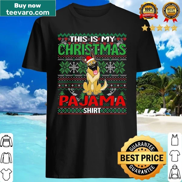 German Shepherd wearing a holiday hat in an ugly Christmas shirt