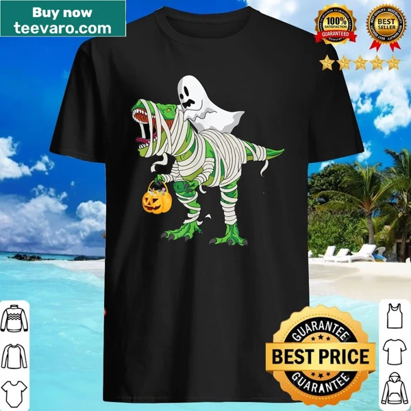Cartoon ghost riding a T-rex in a Halloween T-shirt