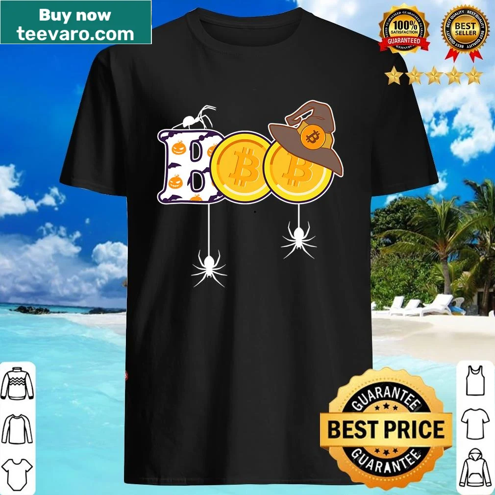 Halloween shirt with spiders, witch hat, and Bitcoin theme