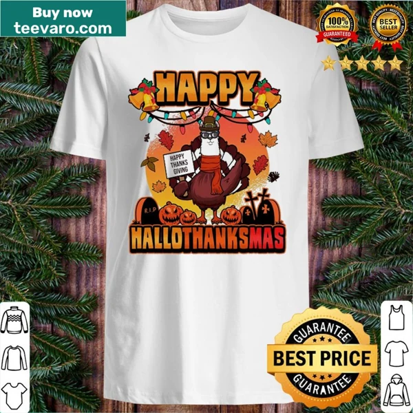 Cartoon llama in festive attire with turkey for Hallothanksmas