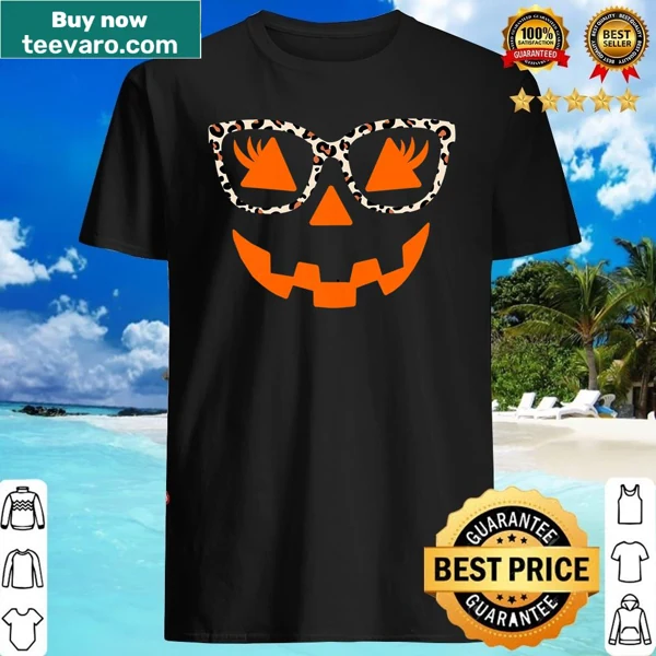 Jack O' Lantern pumpkin face with leopard print design on a women's shirt