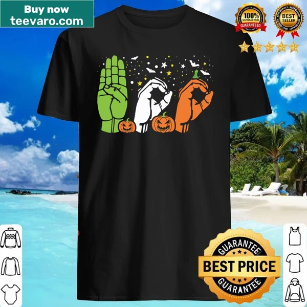 ASL hands spelling 'Halloween' for pride and awareness.