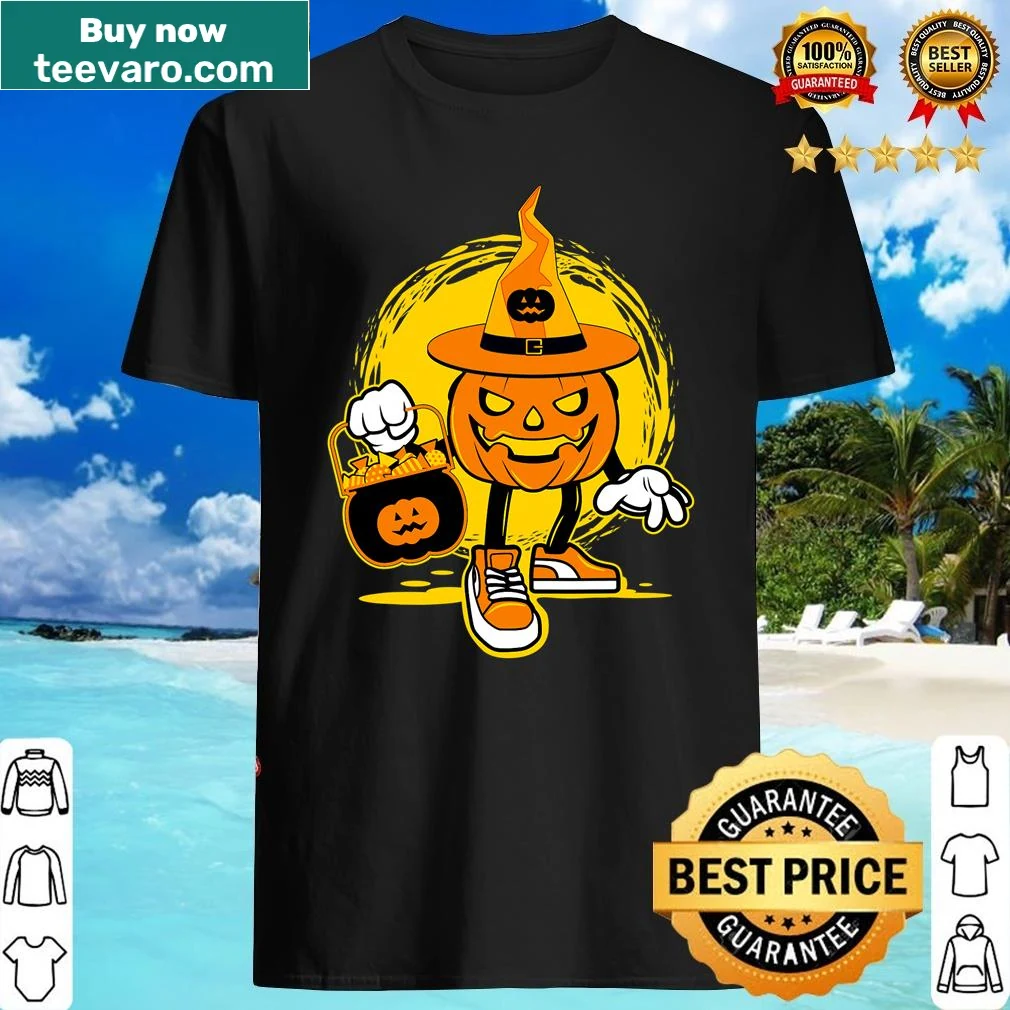 Shirt with a playful pumpkin character and candies for Halloween