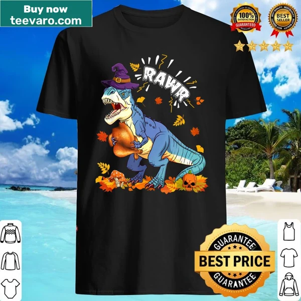 Whimsical Halloween shirt with a T-rex witch and pumpkin