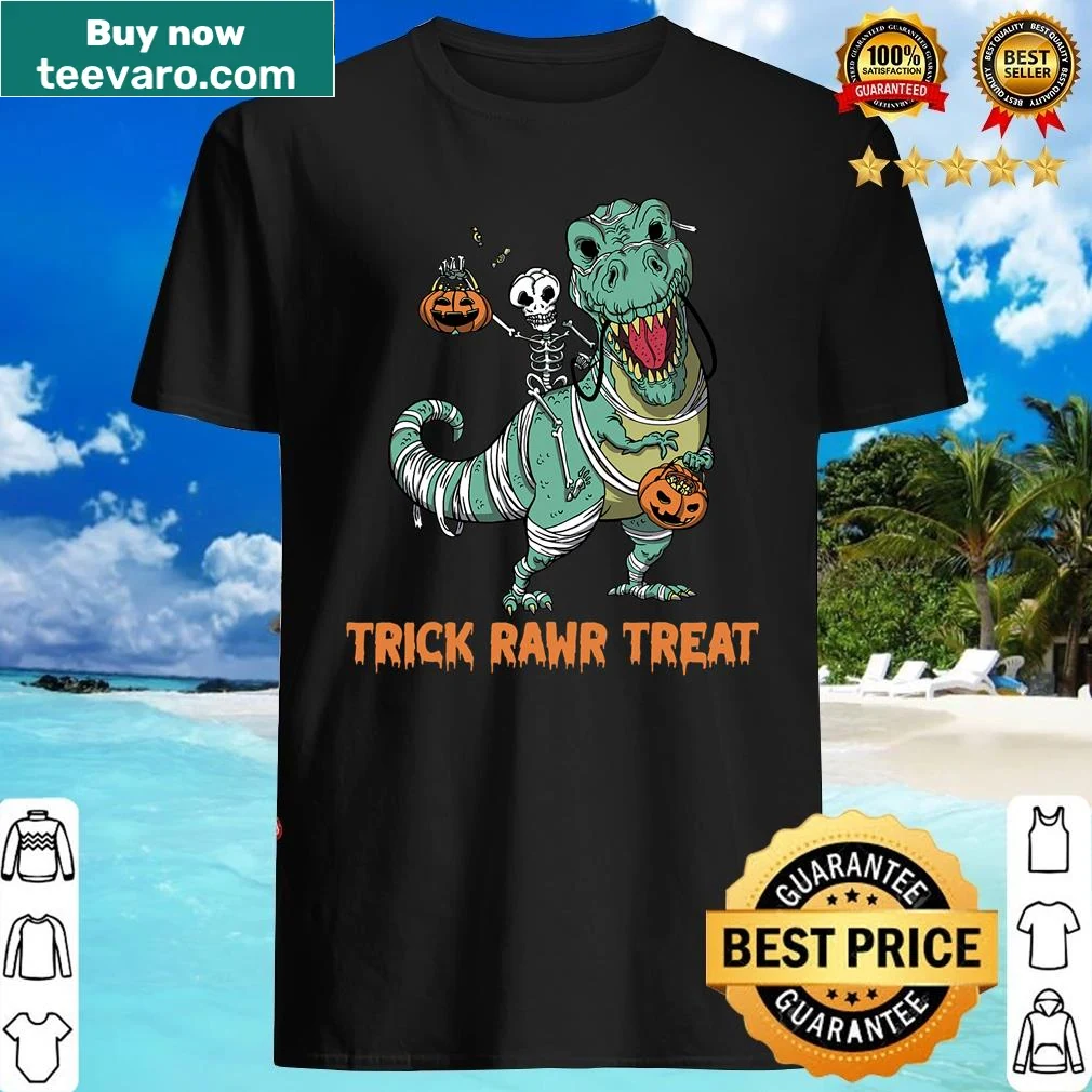 Funny T-rex mummy graphic on a Halloween shirt