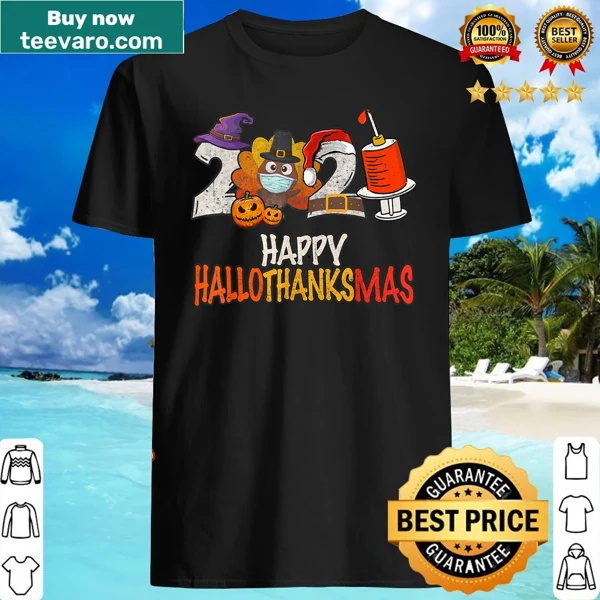 Whimsical shirt featuring a turkey in a mask celebrating Hallothanksmas