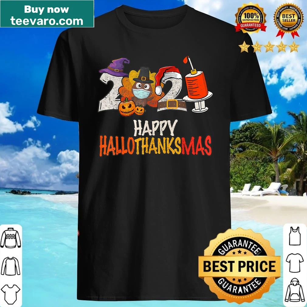 Whimsical shirt featuring a turkey in a mask celebrating Hallothanksmas
