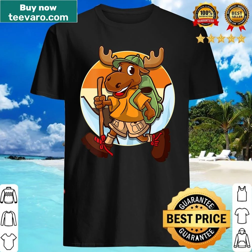 Retro-style shirt featuring a happy moose and camping elements for outdoor lovers.