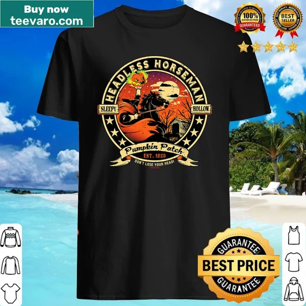 Whimsical shirt featuring a headless horseman and pumpkin patch design.