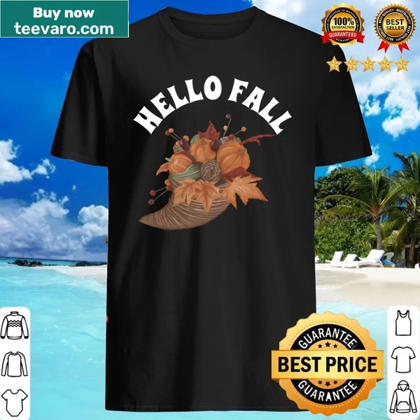 Shirt with 'Hello Fall' text celebrating autumn