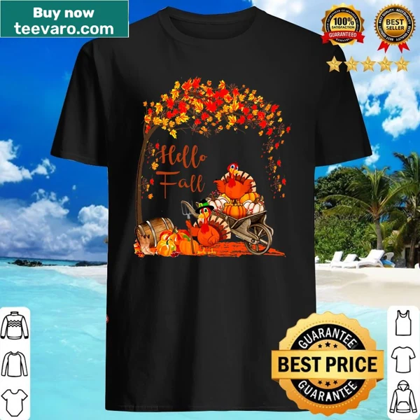 Cute turkey illustration on a Thanksgiving shirt with 'Hello Fall' text.