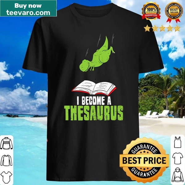 Dinosaur reading shirt featuring a thesaurus graphic