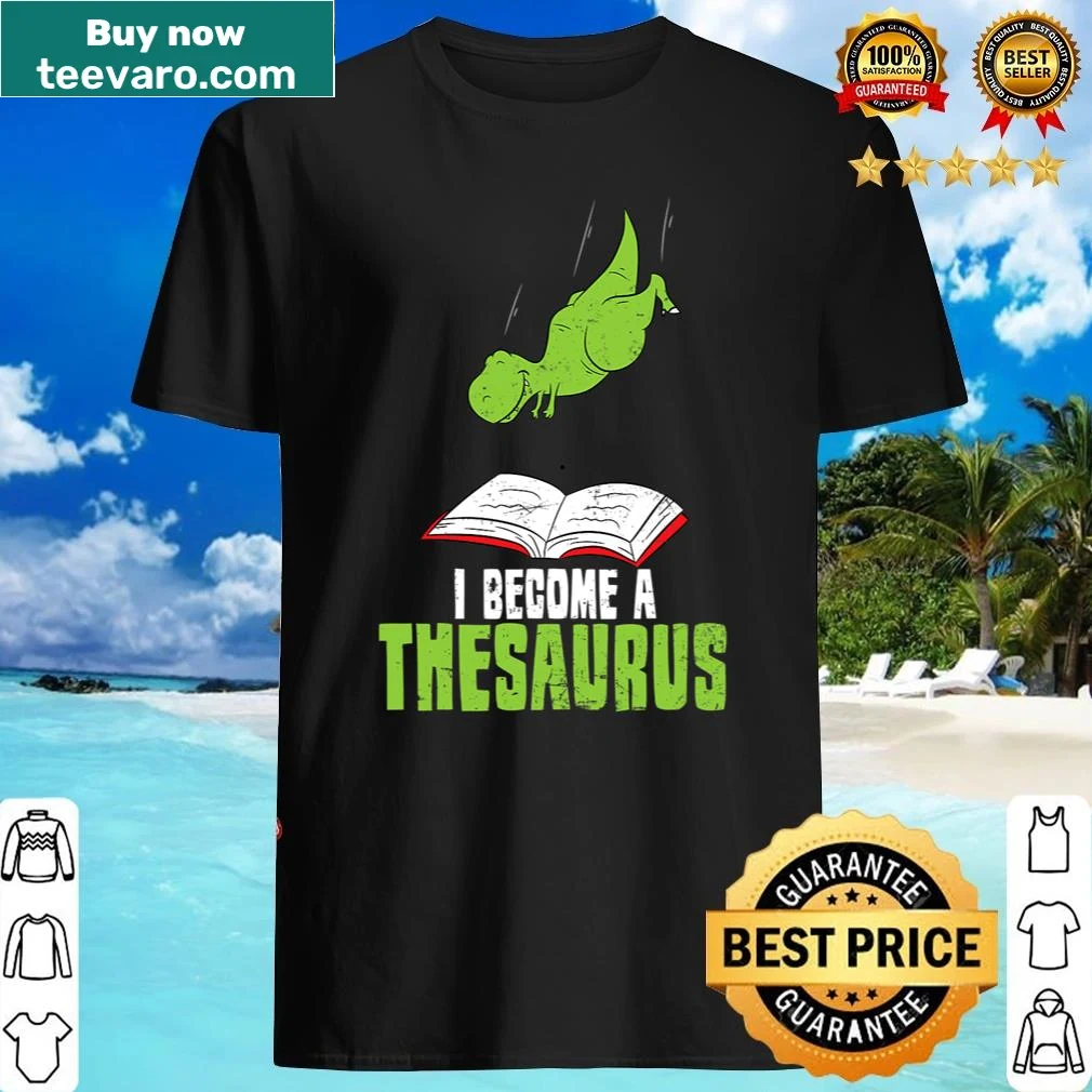 Dinosaur reading shirt featuring a thesaurus graphic