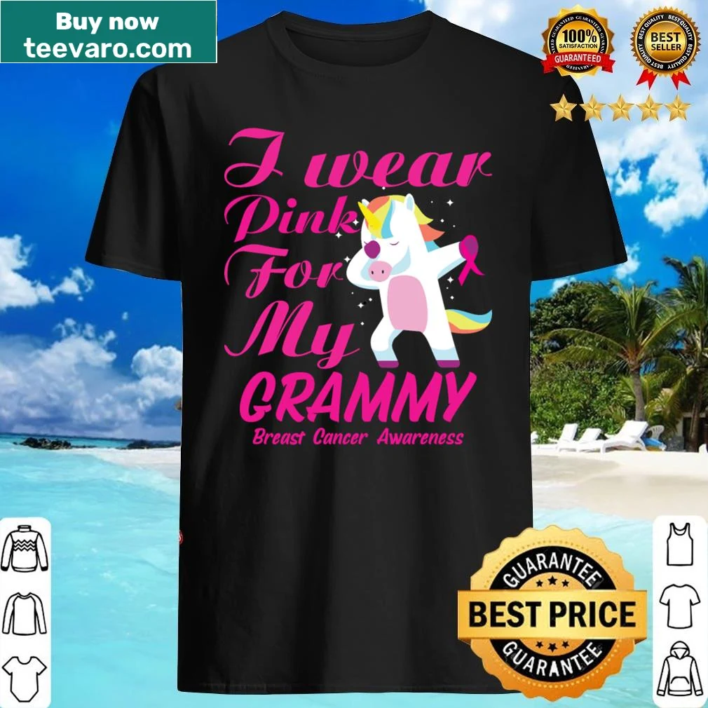 Pink shirt with a unicorn graphic supporting breast cancer awareness
