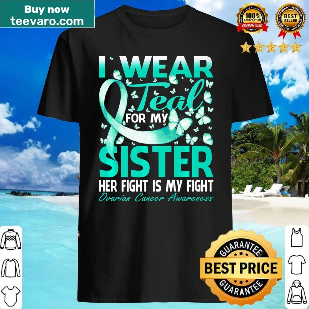 Ovarian cancer awareness shirt with teal design and inspirational text.