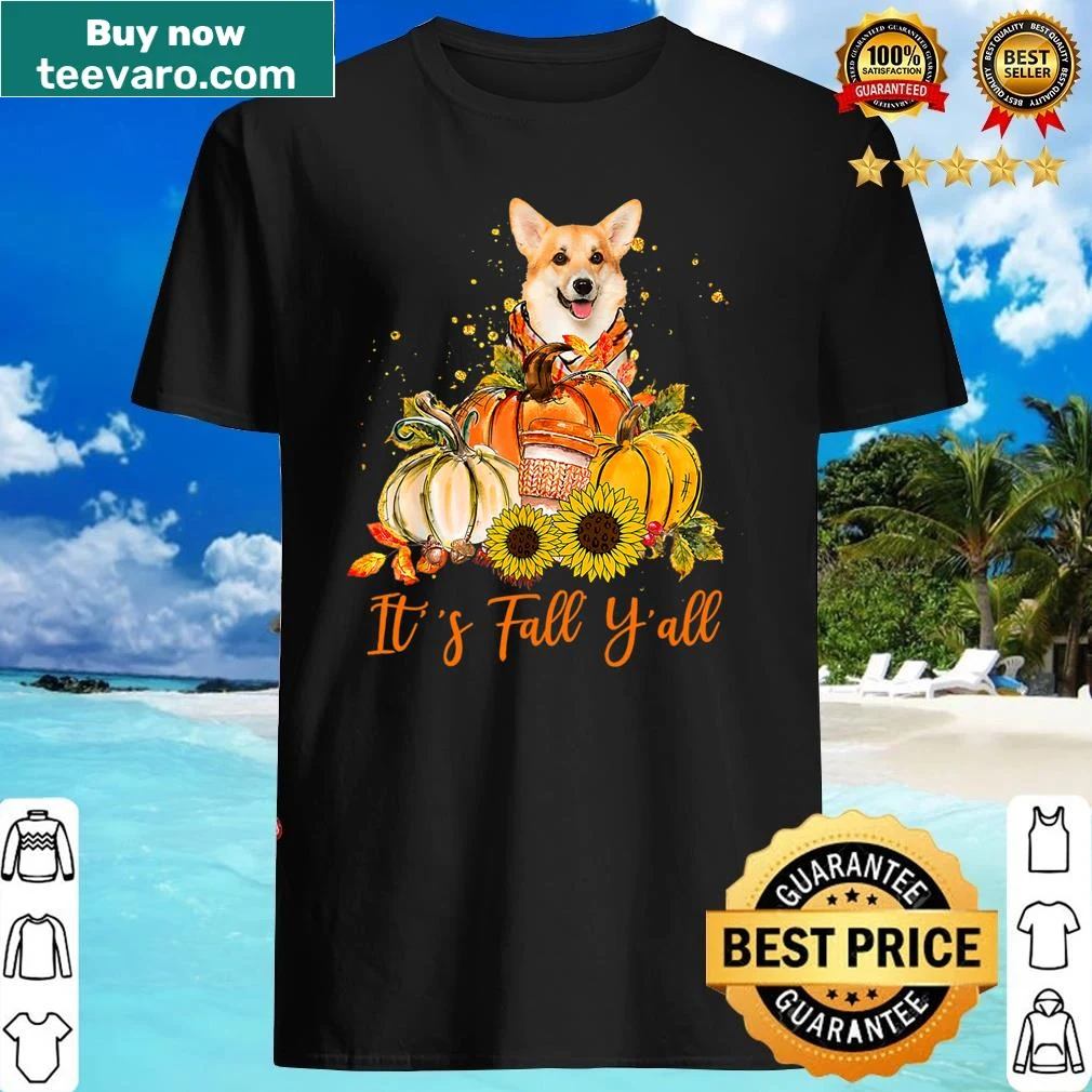 Corgi with a pumpkin and text saying It's Fall Y'all