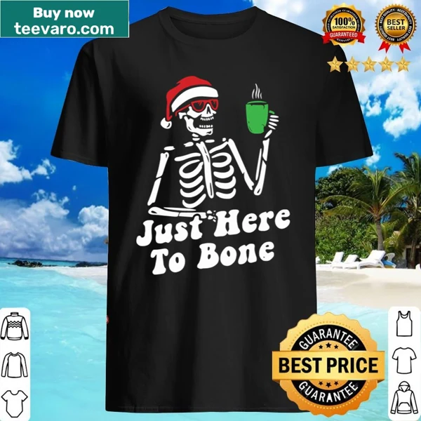 Cheerful skeleton holding coffee graphic for Christmas.
