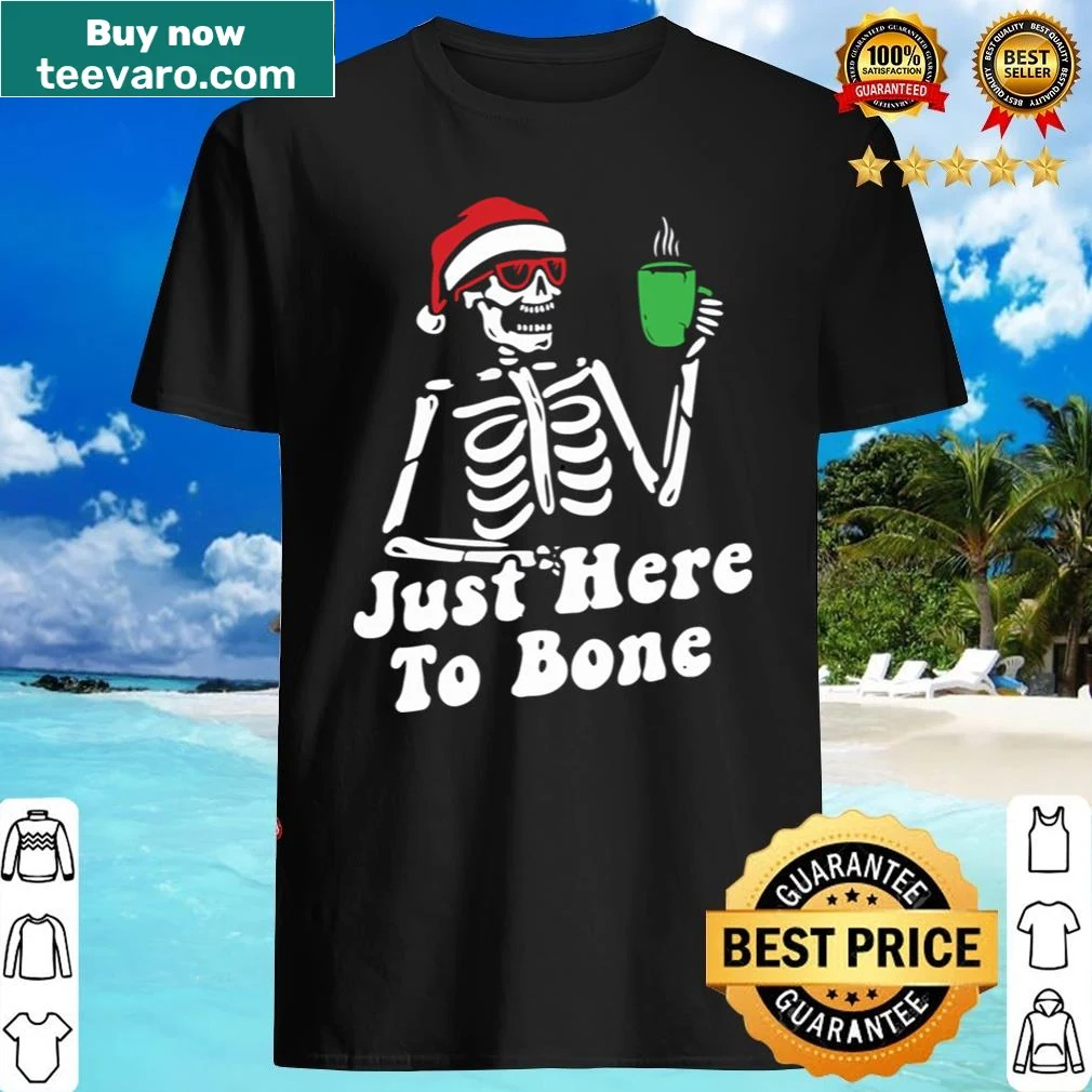 Cheerful skeleton holding coffee graphic for Christmas.