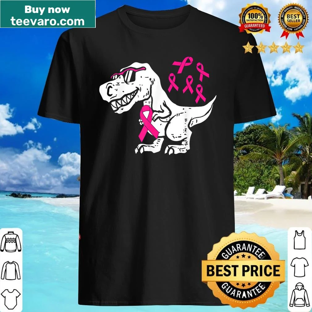 Toddler shirt featuring a T-rex with a pink ribbon for awareness