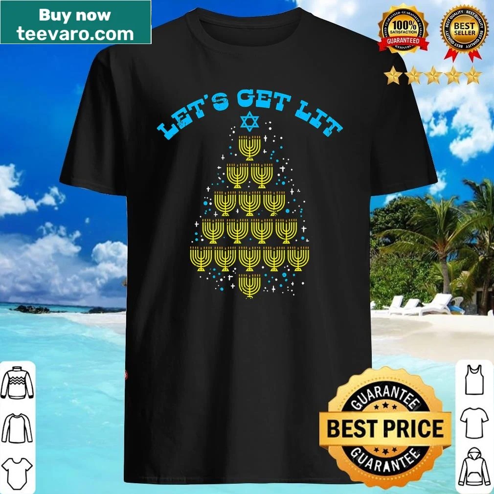 Humorous shirt with menorah and Christmas tree graphics