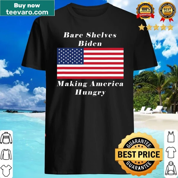 Satirical shirt depicting empty shelves and American flag with text.