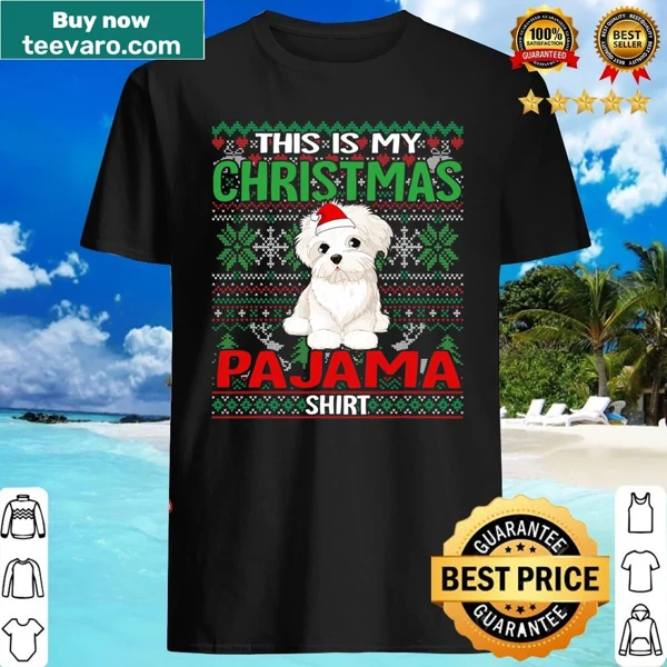 Maltese dogs with festive hats on a humorous Christmas shirt