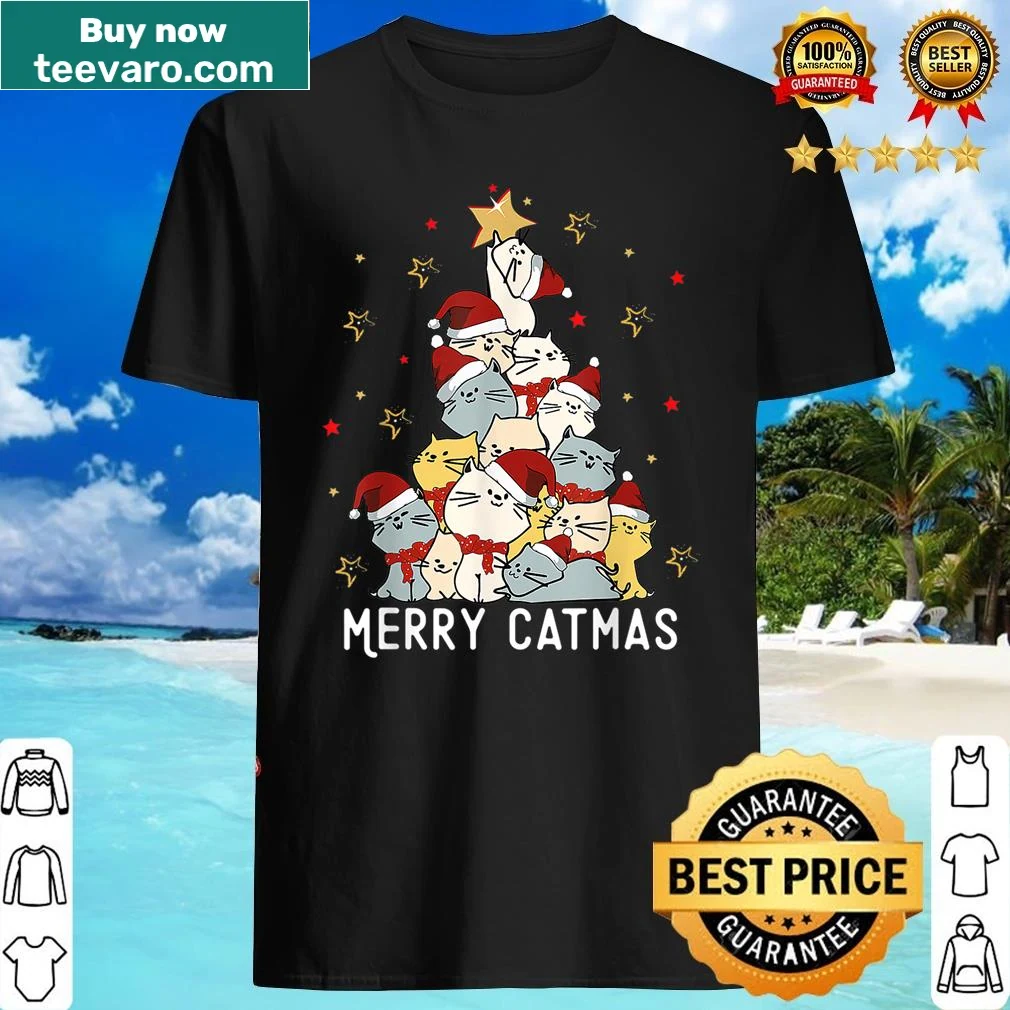 Cute Christmas shirt with winter-themed cats around a tree.