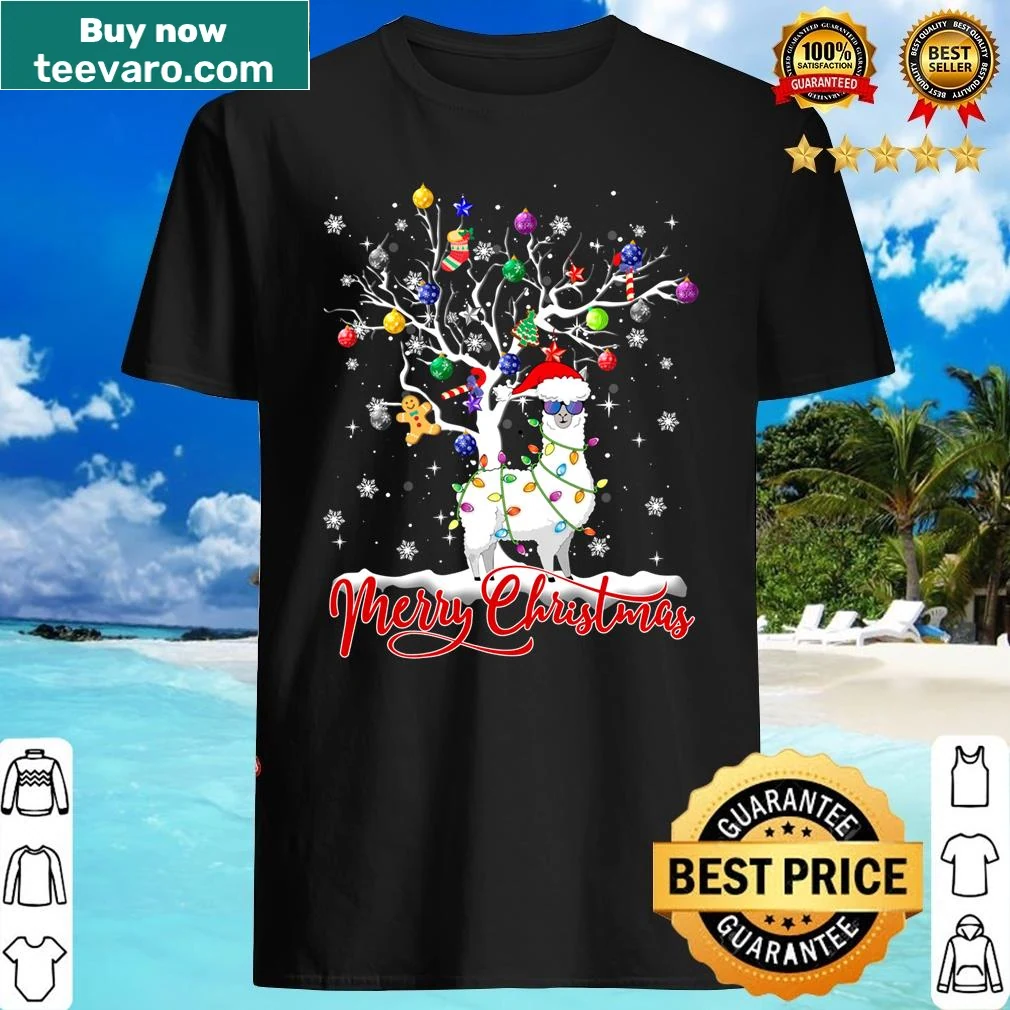Cool llama wearing a Santa hat with Christmas tree and snow design.