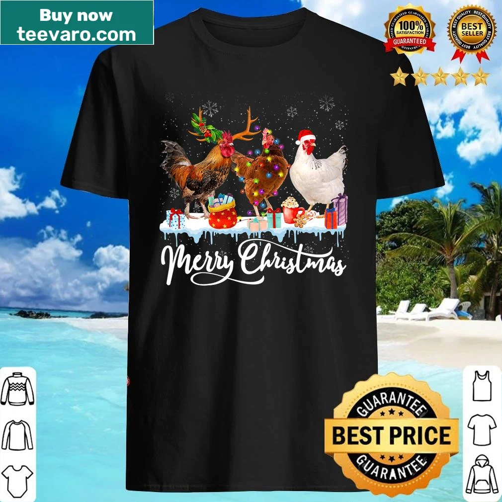 Chickens in Santa hats with lights for Christmas