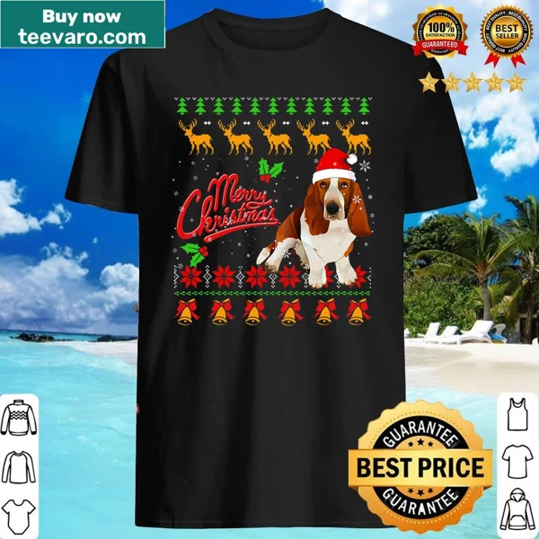 Retro shirt featuring a Basset Hound with Christmas lights in an ugly sweater style.
