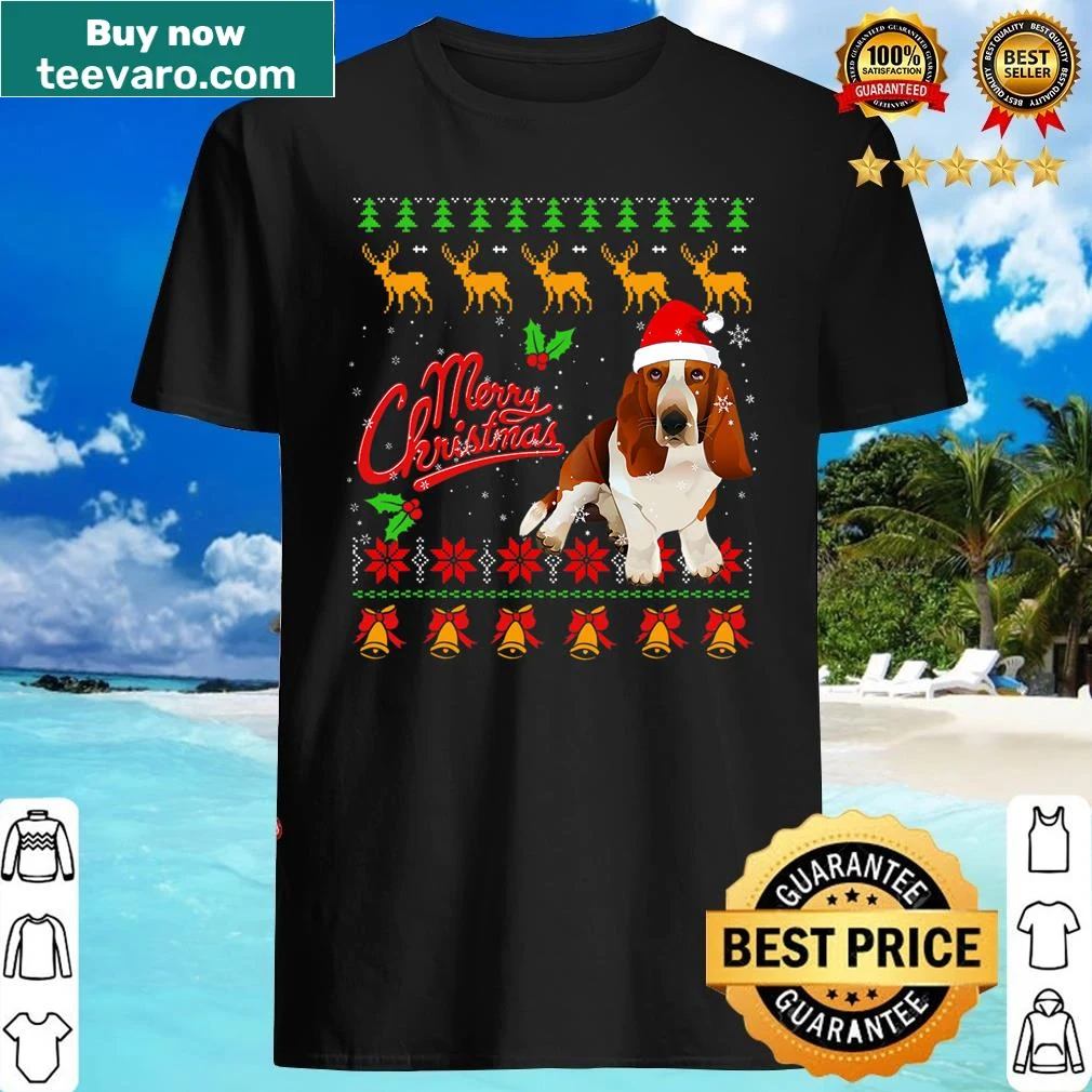 Retro shirt featuring a Basset Hound with Christmas lights in an ugly sweater style.