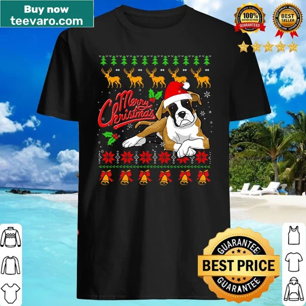 Retro shirt featuring a Boxer dog with Christmas lights in an ugly sweater style.