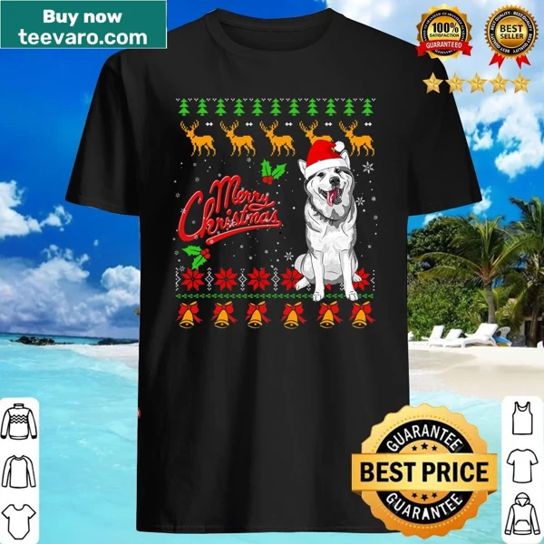 Retro shirt featuring a Husky with Christmas lights in an ugly sweater style.