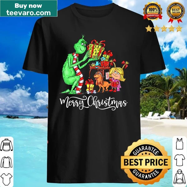 Shirt features grumpy movie characters in a holiday setting.