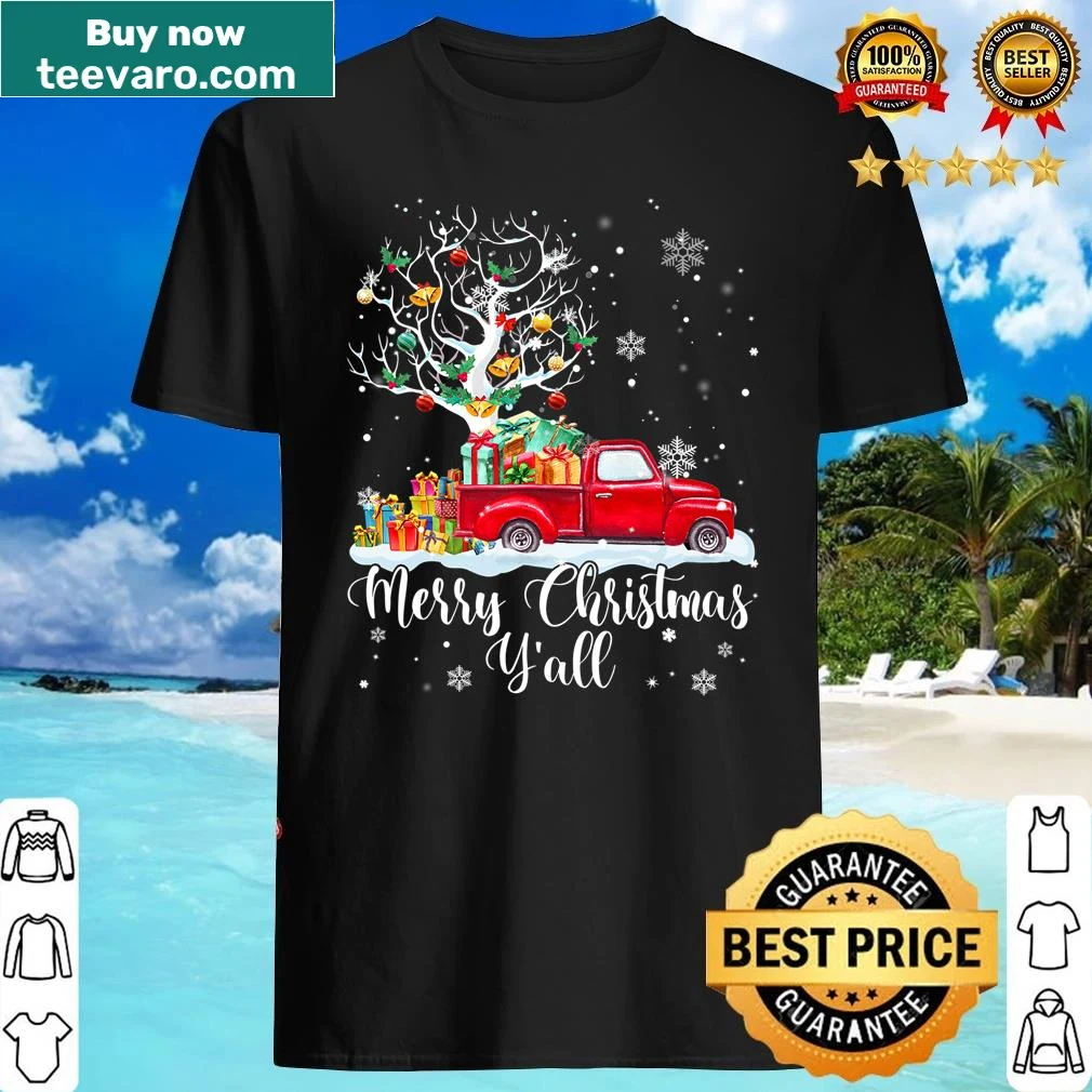Shirt with red truck carrying Christmas tree illustration