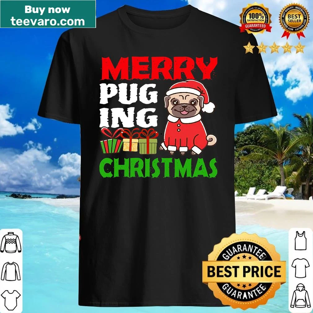 Pug in Santa hat with Merry Pugging Christmas text