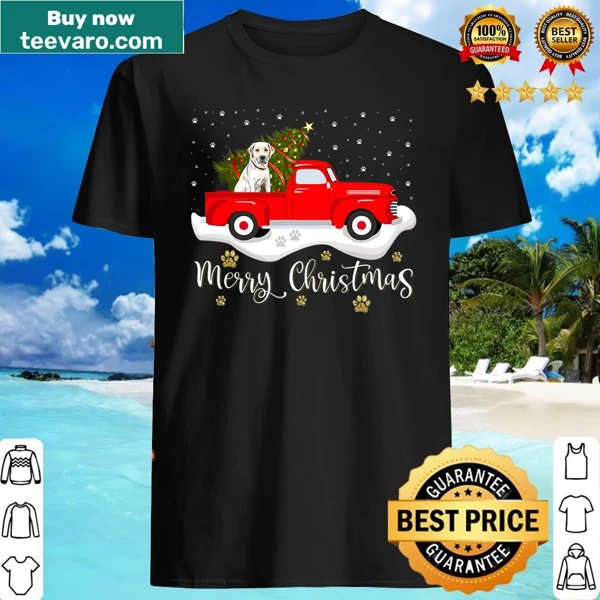 Illustration of a red truck with a Christmas tree and a Labrador