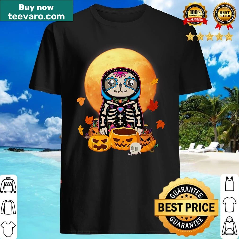 Sugar skull Halloween shirt featuring pumpkins and a moon