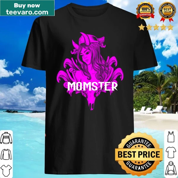Edgy Halloween shirt saying 'Momster' with skull design and messy hair