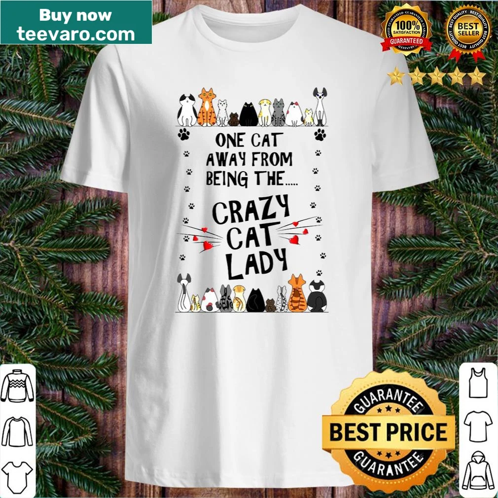 Shirt with the phrase 'One Cat Away From Being The Crazy Cat Lady' for cat lovers