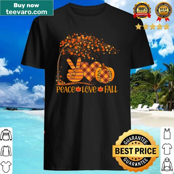 Autumn-themed shirt with pumpkins and phrases promoting peace and love.