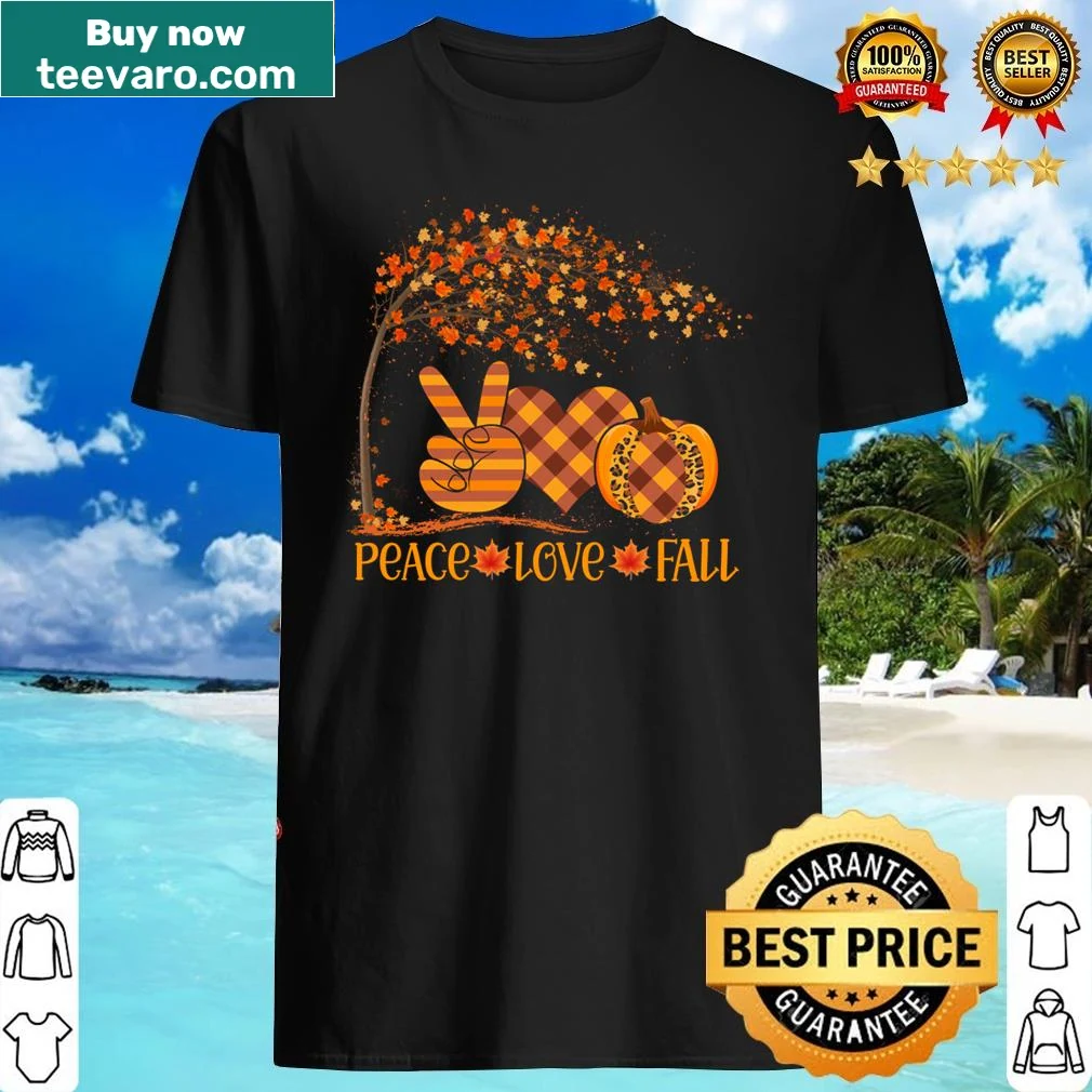 Autumn-themed shirt with pumpkins and phrases promoting peace and love.