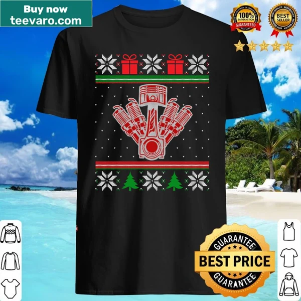 Humorous piston design on a Christmas shirt for car mechanics