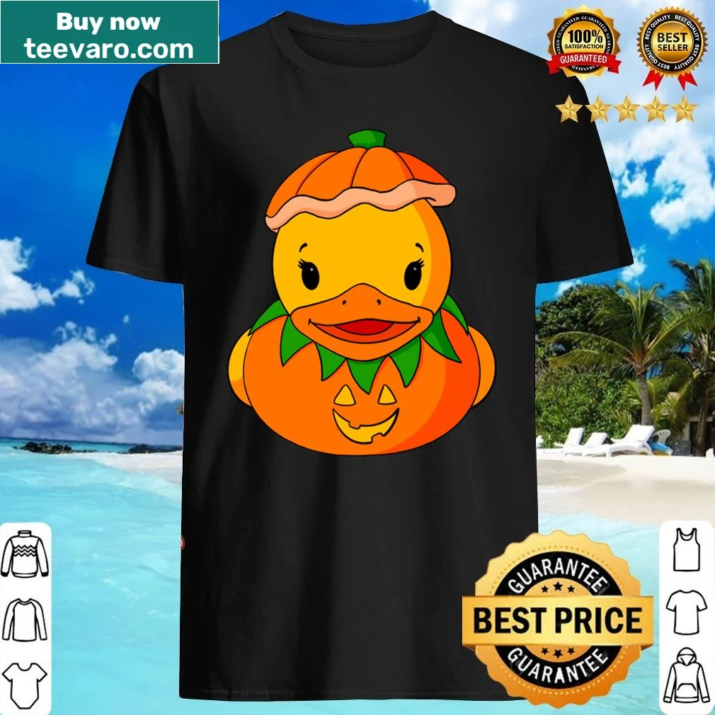 Cartoon shirt of a rubber duck in a pumpkin costume for Halloween.